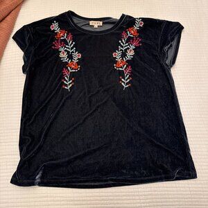 THML Blue Crushed Velvet Floral Embroidered Blouse Top size large